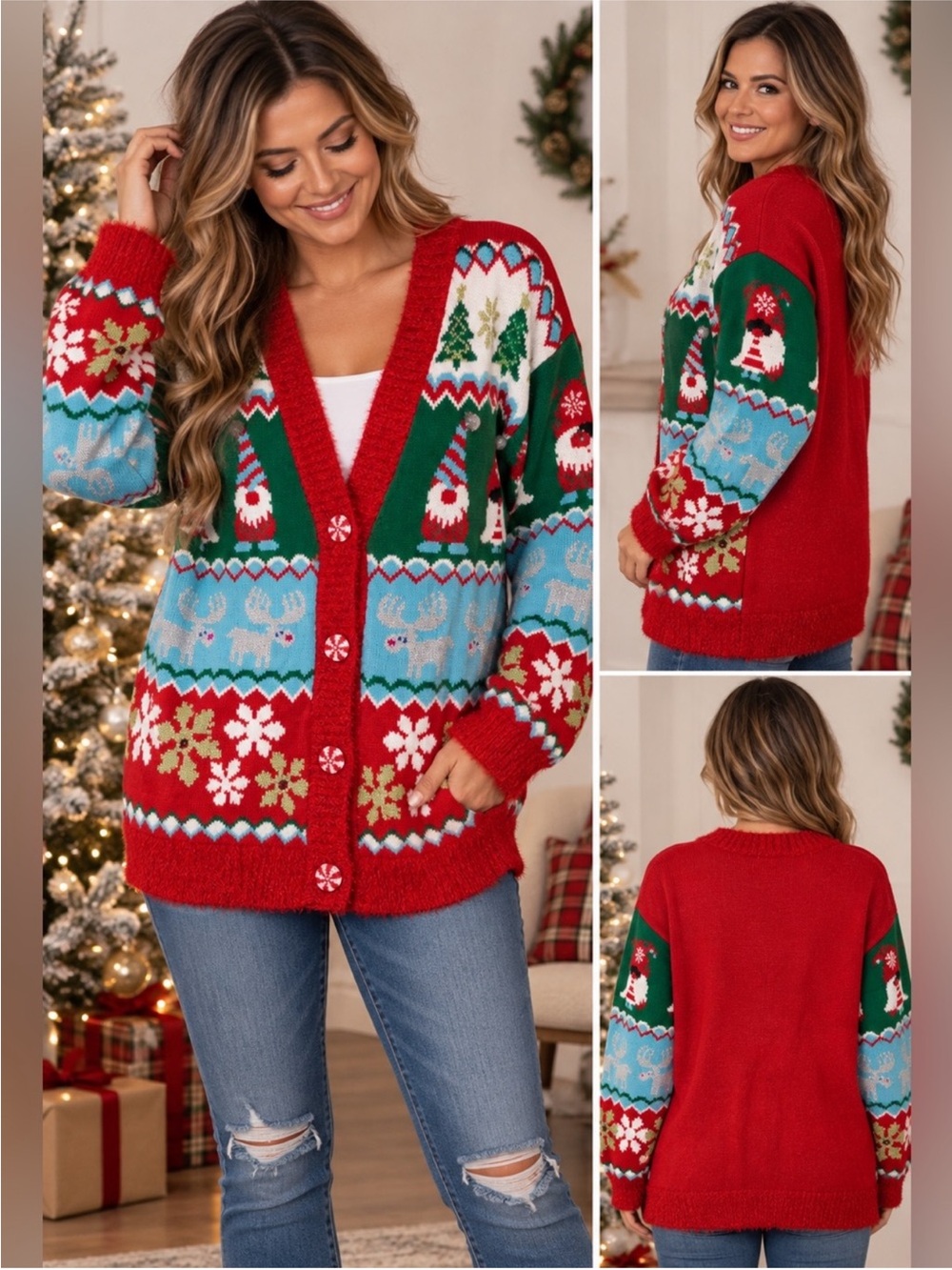 Holiday Time Fair Isle Christmas Gnome Reindeer Cardigan Red Aqua Size M